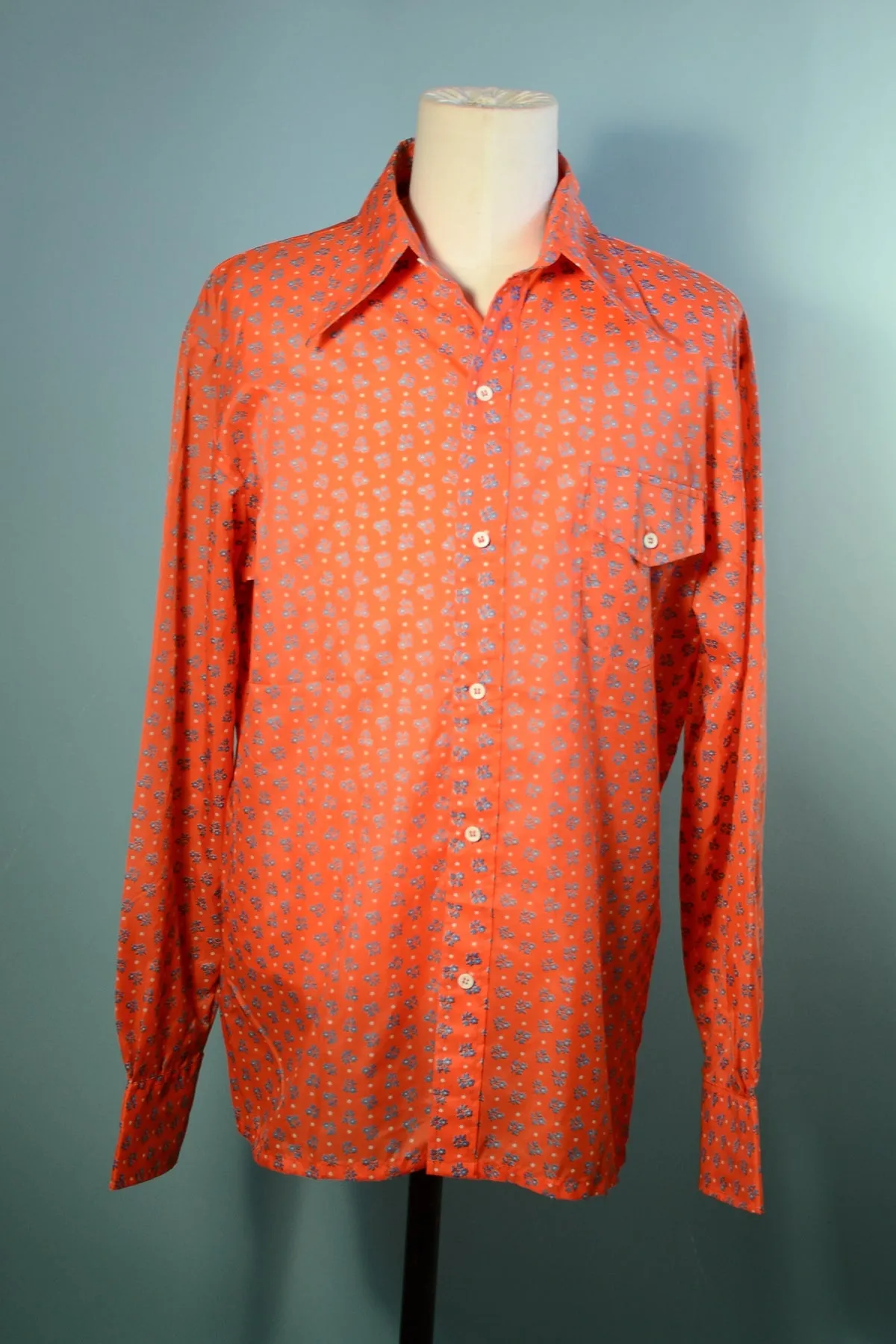 SOLD Vintage 70s SKYR Orange/Blue Floral Mod Disco Shirt XL