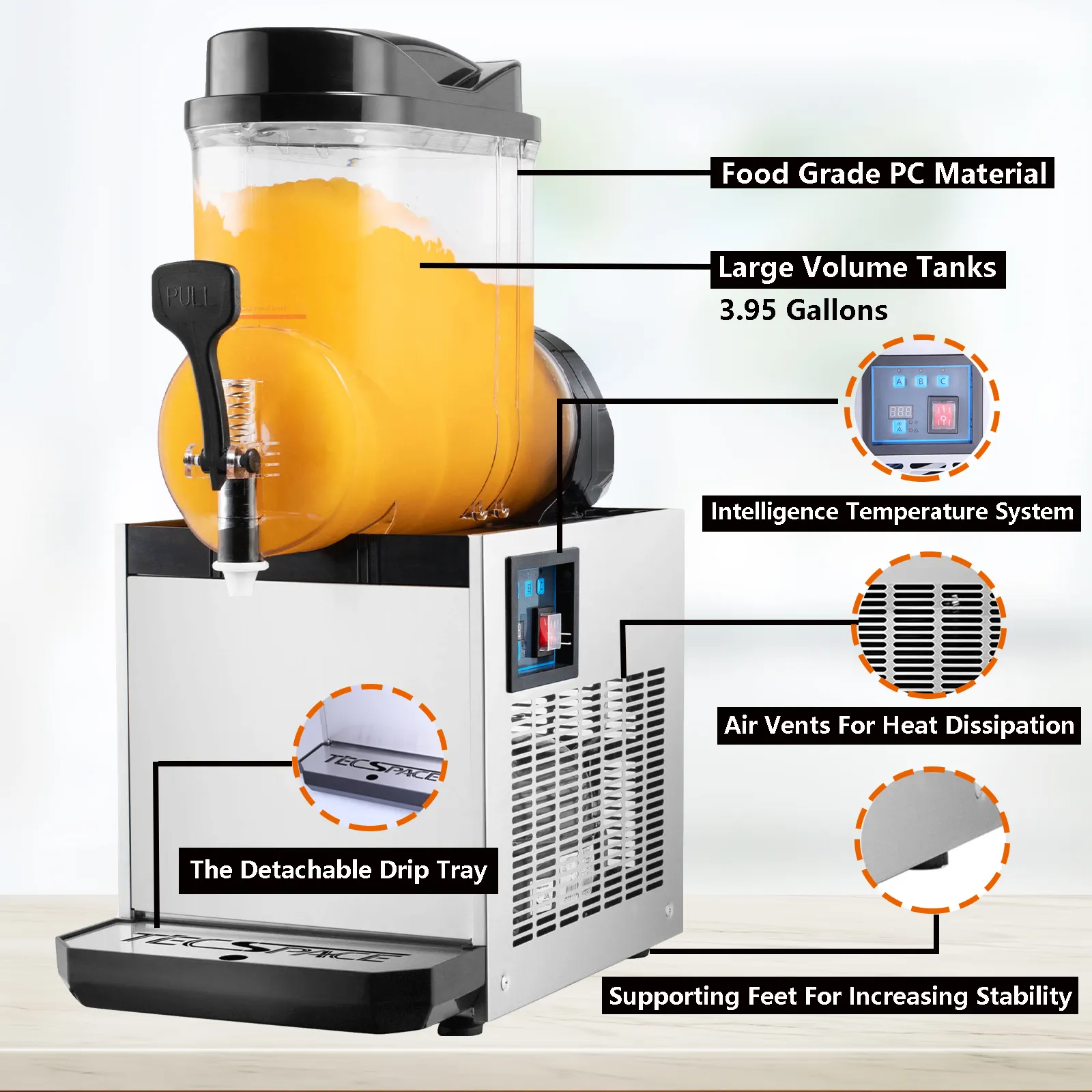 TECSPACE 15L 1 Tank 110V Commercial Slushy Machine 600W Stainless Steel Margarita Smoothie Frozen Drink Maker