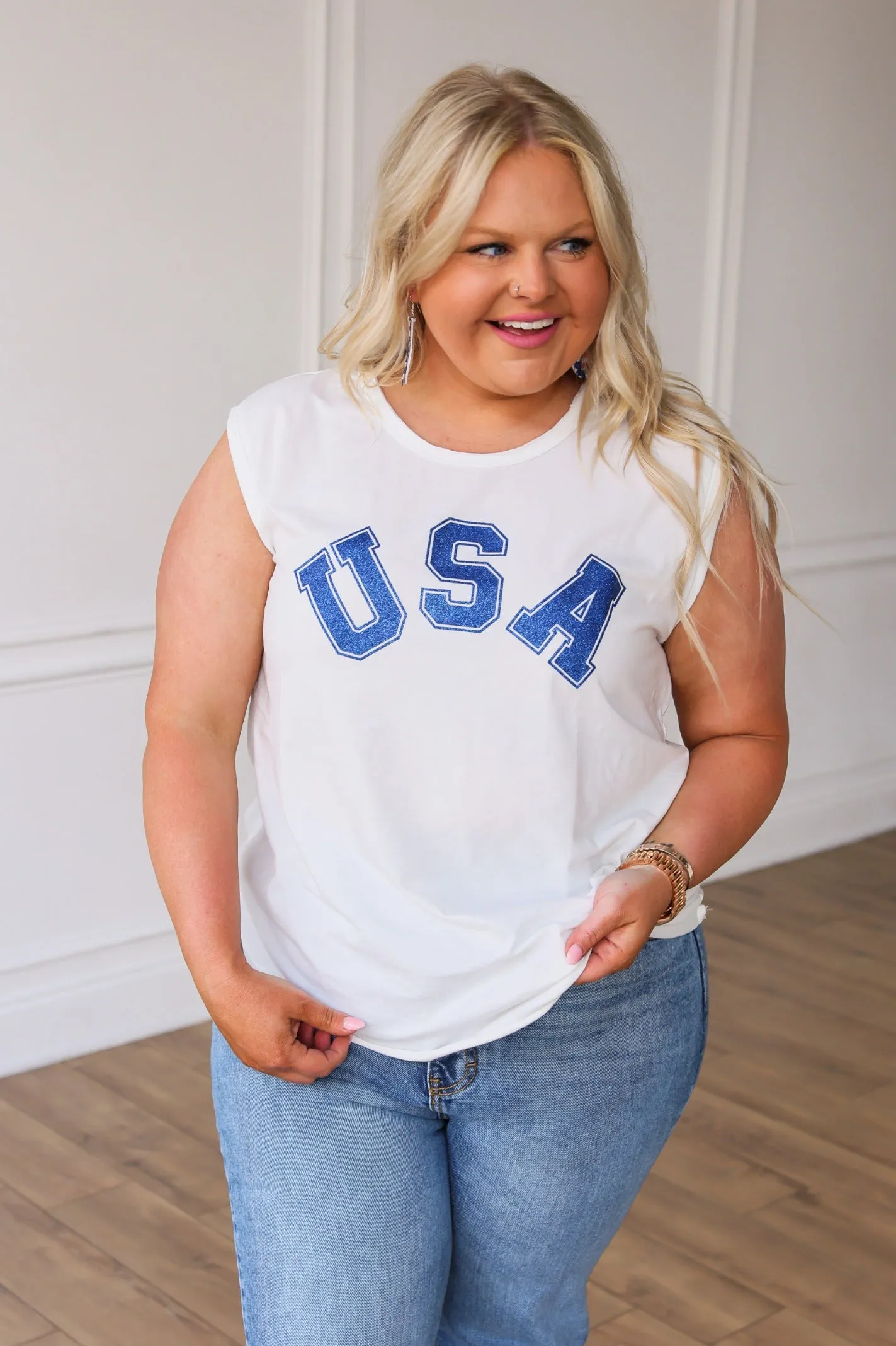 USA on Comfy Cutie White Tank