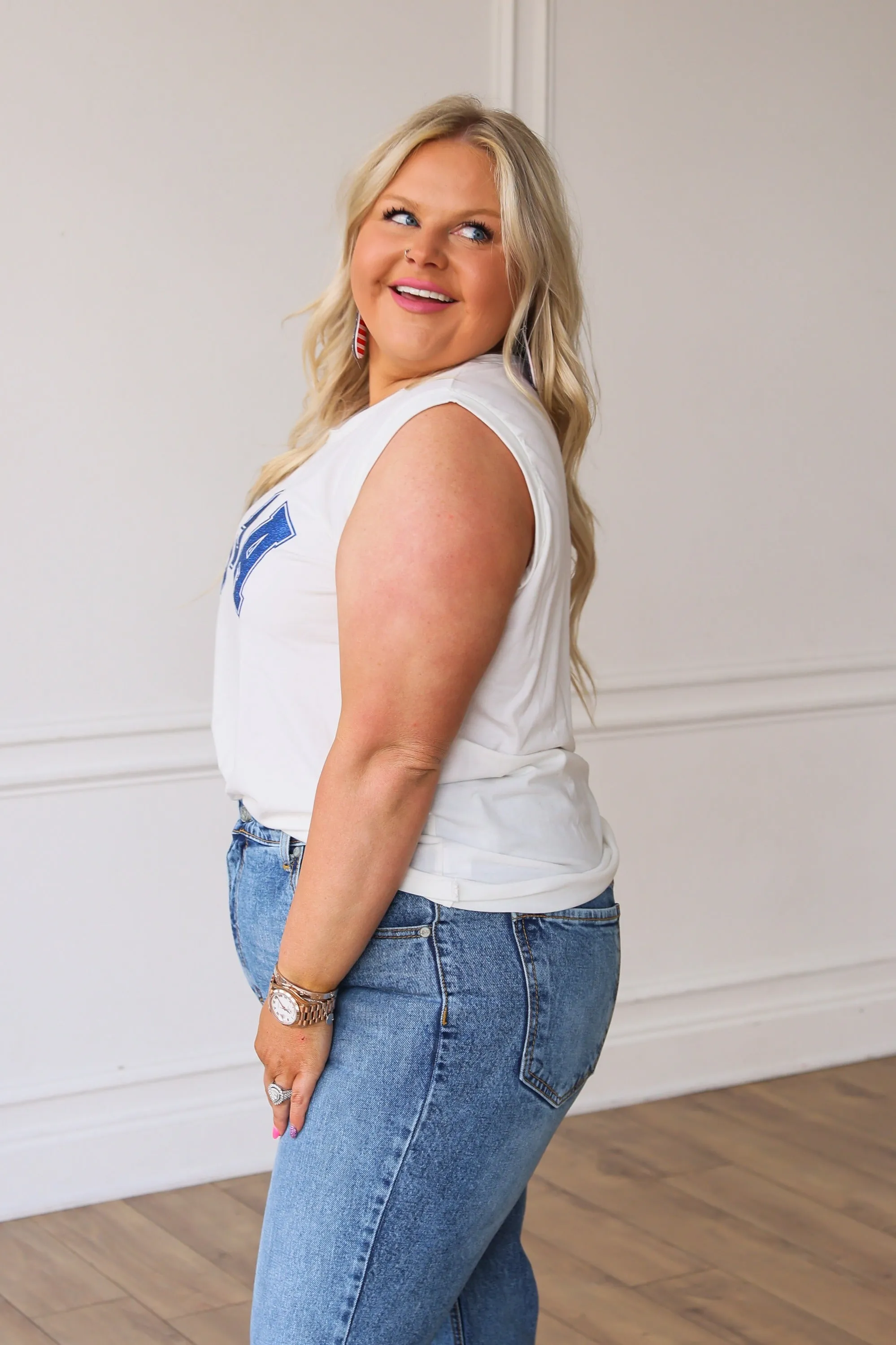 USA on Comfy Cutie White Tank