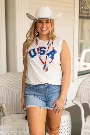 USA on Comfy Cutie White Tank
