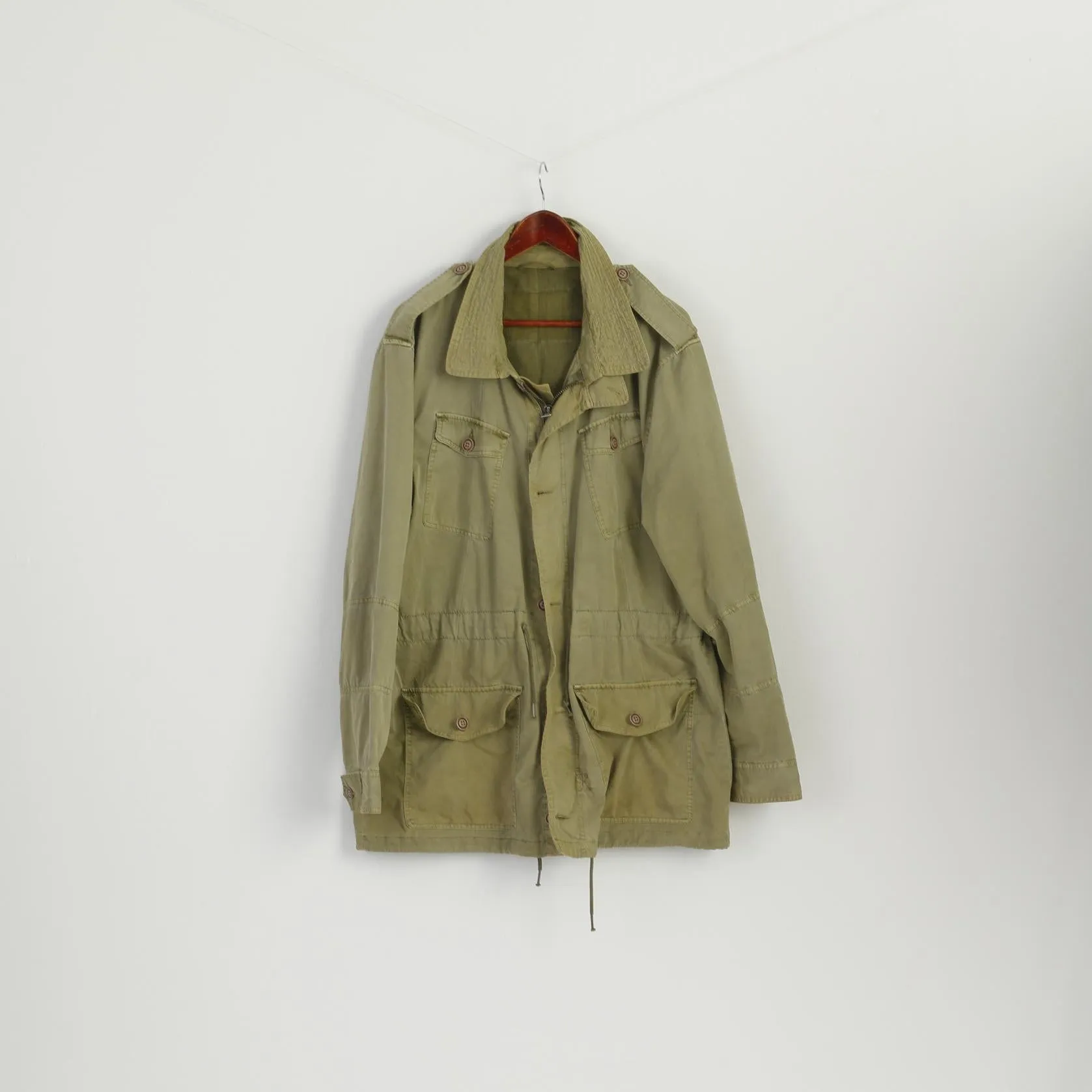 Vintage Men XL Jacket Khaki Shiny Cotton Retro Zip Up Outdoor Parka