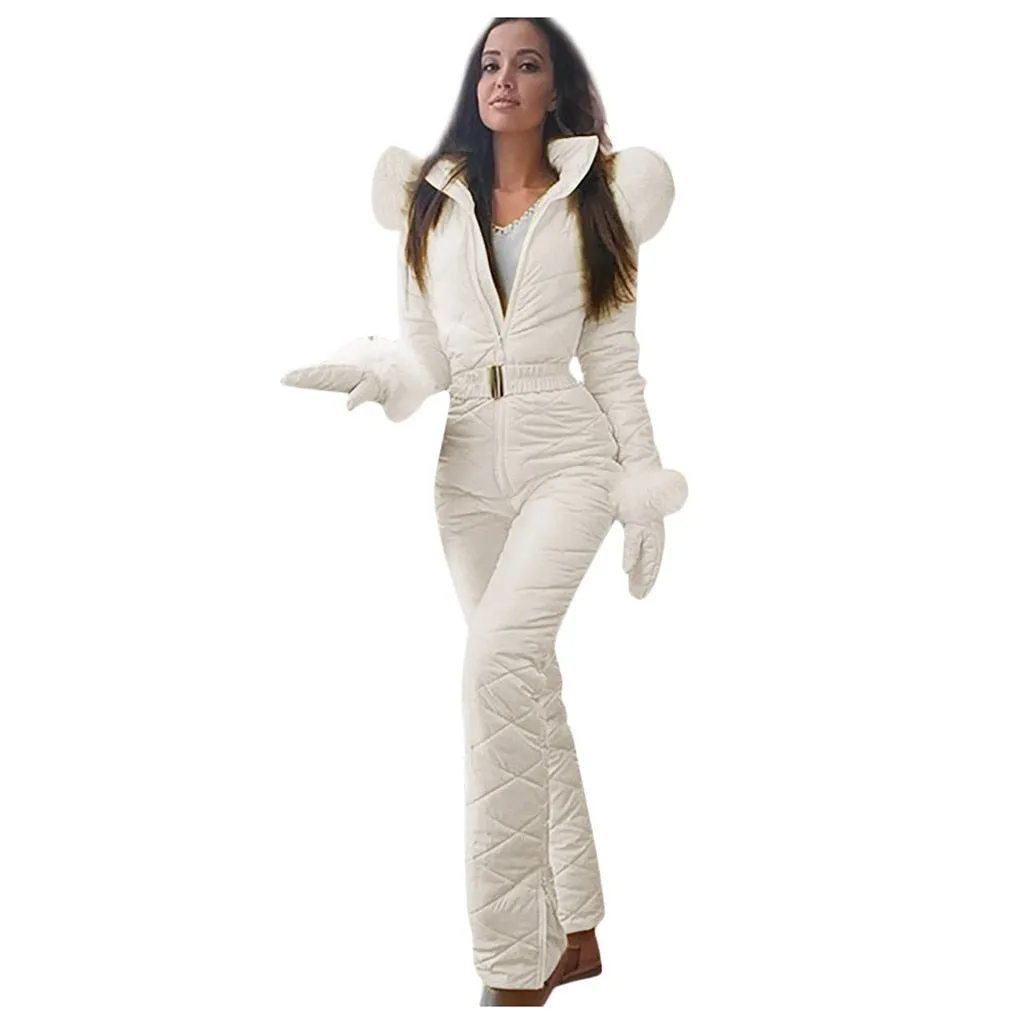 Winter Hooded Jumpsuits Parka Elegant Cotton Padded Warm Sashes Ski Suit Straight Zipper One Piece Women Tracksuits Thick