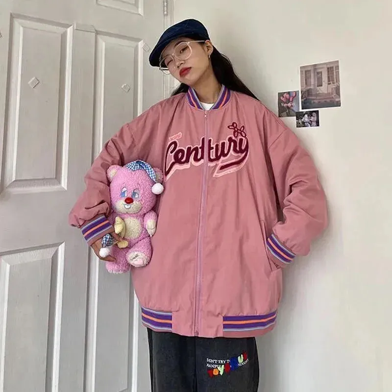 Women's Letter Embroidery Baseball Jacket Block Vintage Harajuku 2024 Spring Oversized V-Neck Streetwear Coat