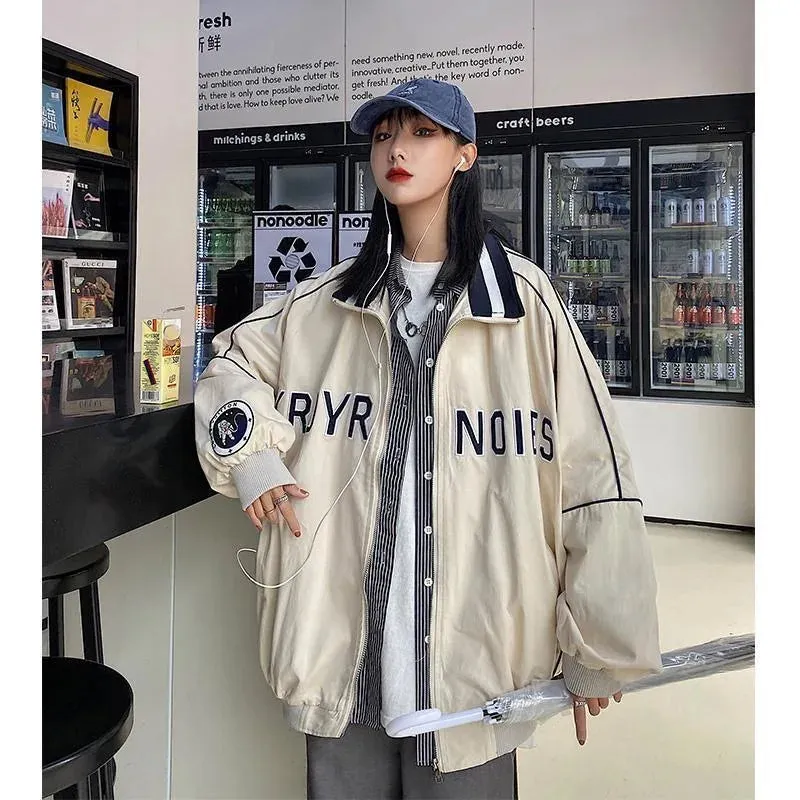 Women's Letter Embroidery Baseball Jacket Block Vintage Harajuku 2024 Spring Oversized V-Neck Streetwear Coat