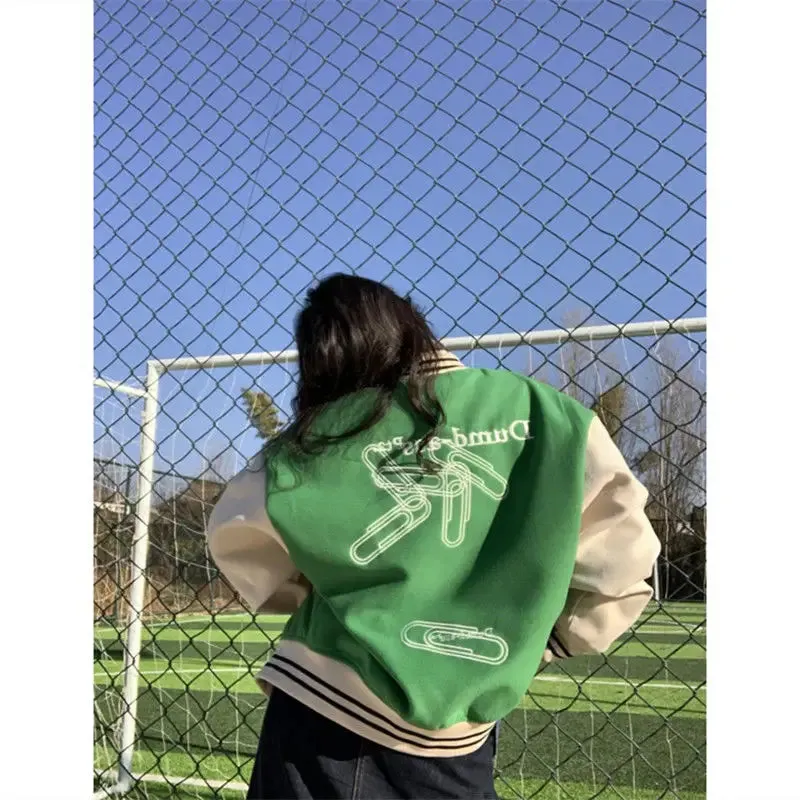 Women's Letter Embroidery Baseball Jacket Block Vintage Harajuku 2024 Spring Oversized V-Neck Streetwear Coat