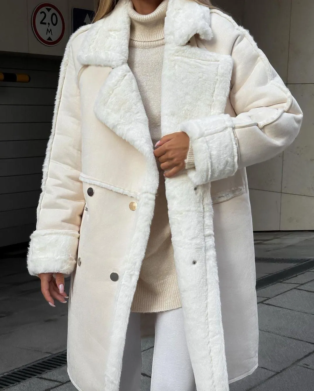 Women’s Suede Long Cardigan Coat – Plush Suit Collar with Metal Details