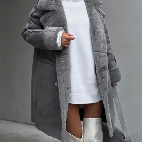 Women’s Suede Long Cardigan Coat – Plush Suit Collar with Metal Details