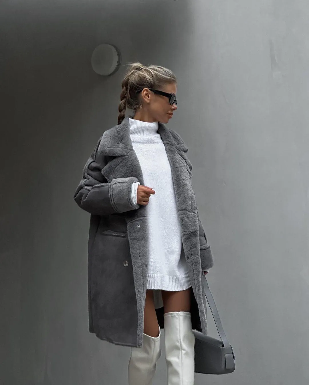 Women’s Suede Long Cardigan Coat – Plush Suit Collar with Metal Details