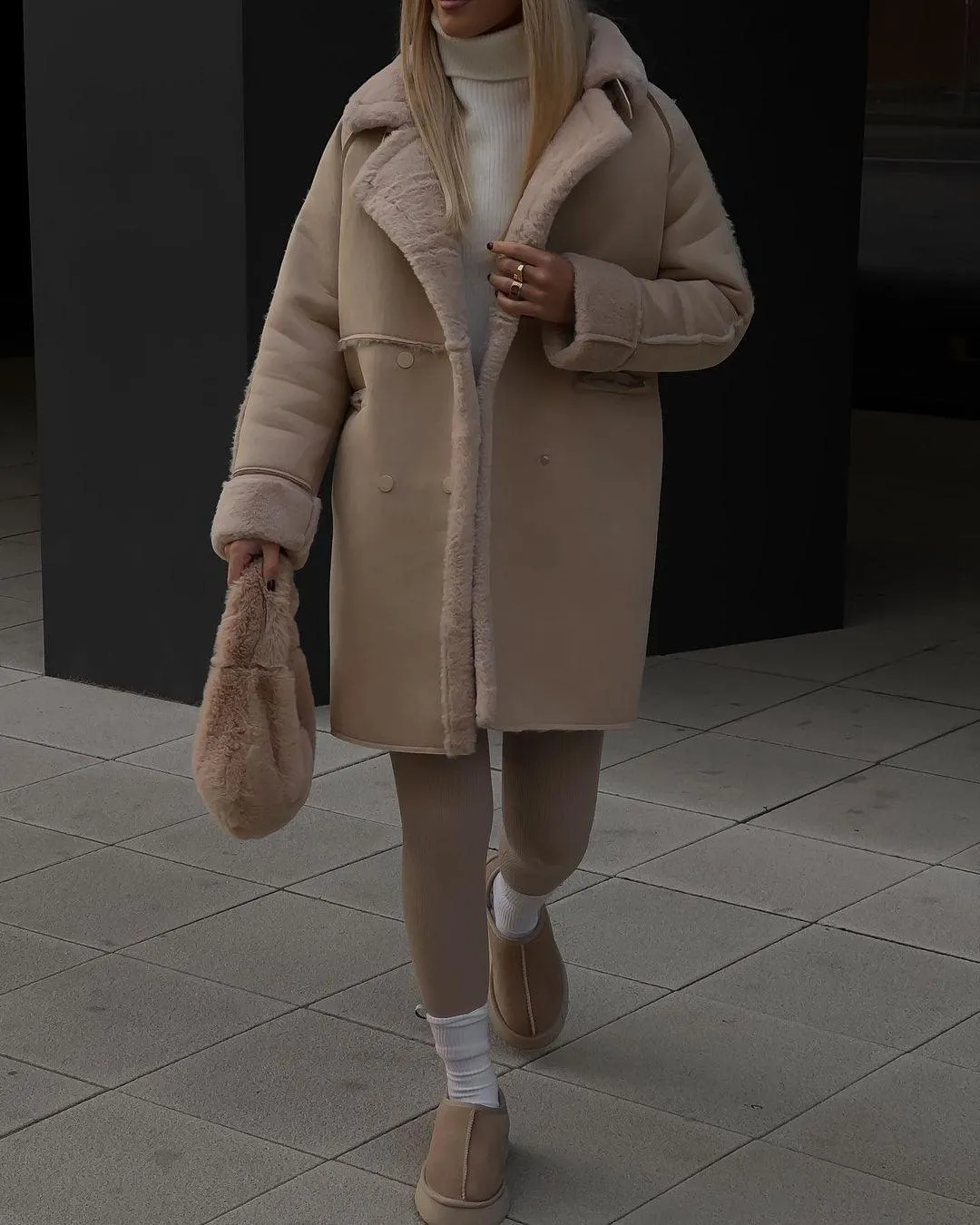 Women’s Suede Long Cardigan Coat – Plush Suit Collar with Metal Details