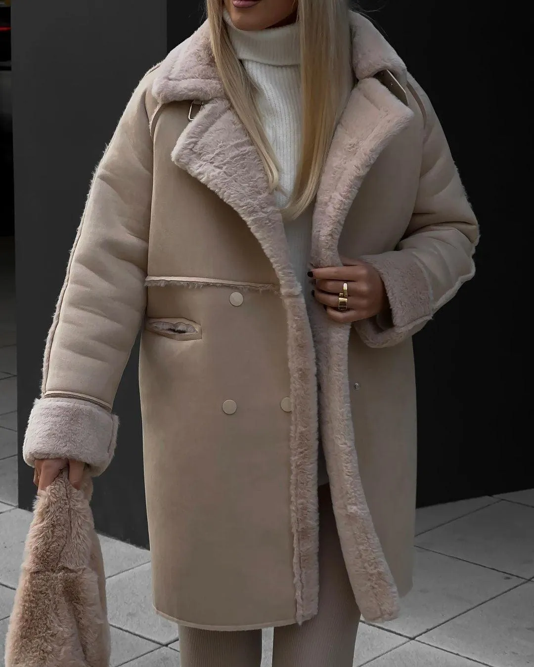 Women’s Suede Long Cardigan Coat – Plush Suit Collar with Metal Details
