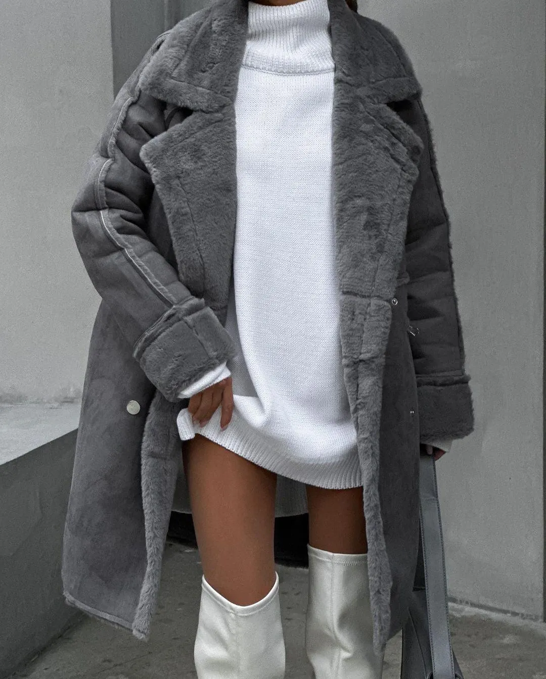 Women’s Suede Long Cardigan Coat – Plush Suit Collar with Metal Details